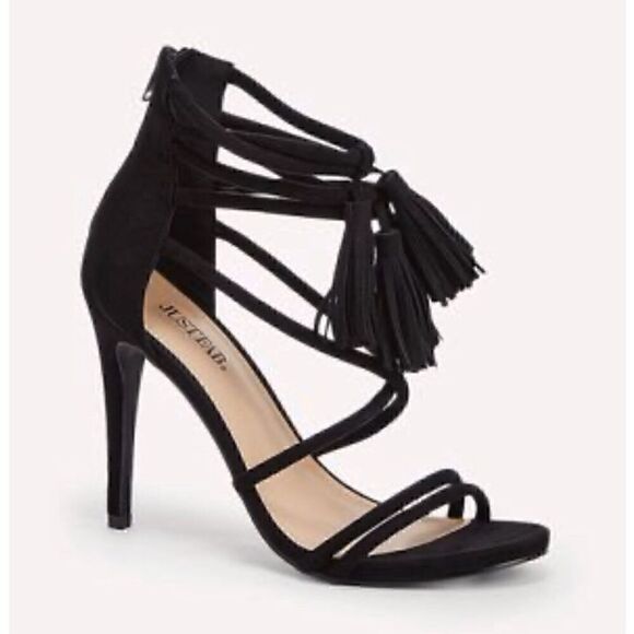 JustFab Gladiator Keeley Black Ankle Strap Tassel High Heels Size 7.5 - Picture 1 of 8